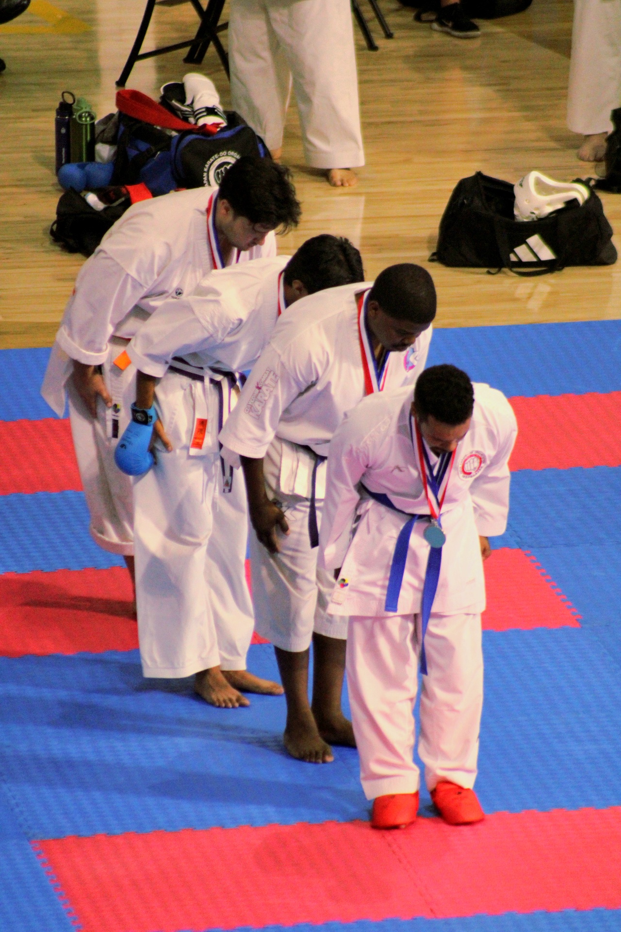 Karate competitors bowing on the tournament mat after medaling